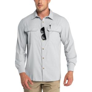 Outdoor Ventures Men’s UPF 50+ UV Sun Protection Shirt, Long Sleeve Hiking Fishing Shirt Cooling Quick Dry for Safari Travel(Light Grey)