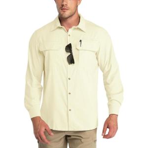 Outdoor Ventures Men’s UPF 50+ UV Sun Protection Shirt, Long Sleeve Hiking Fishing Shirt Cooling Quick Dry for Safari Travel(Light Yellow)