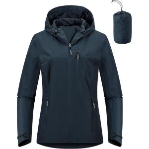 Outdoor Ventures Packable Rain Jacket Women Lightweight Waterproof Raincoat with Hood Cycling Bike Jacket(Midnight Blue)
