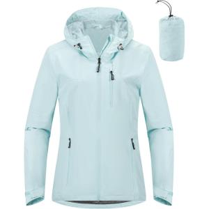 Outdoor Ventures Packable Rain Jacket Women Lightweight Waterproof Raincoat with Hood Cycling Bike Jacket(Mint Blue)