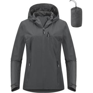 Outdoor Ventures Packable Rain Jacket Women Lightweight Waterproof Raincoat with Hood Cycling Bike Jacket(Plain Grey)