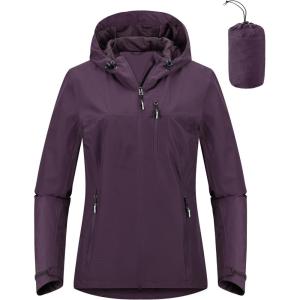 Outdoor Ventures Packable Rain Jacket Women Lightweight Waterproof Raincoat with Hood Cycling Bike Jacket(Plum Purple)