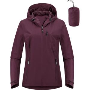 Outdoor Ventures Packable Rain Jacket Women Lightweight Waterproof Raincoat with Hood Cycling Bike Jacket(Wine Red)