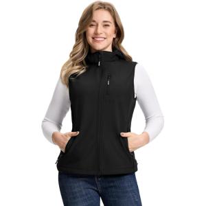 Outdoor Ventures Women’s Hooded Lightweight Softshell Vest, Windproof Fleece Lined Sleeveless Jacket for Golf Running Travel(Black)