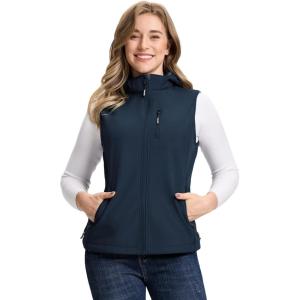 Outdoor Ventures Women’s Hooded Lightweight Softshell Vest, Windproof Fleece Lined Sleeveless Jacket for Golf Running Travel(Dark Blue)
