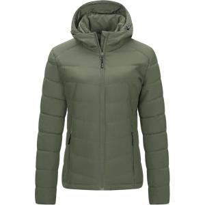 Outdoor Ventures Women’s Hooded Puffer Jacket Waterproof Lightweight Full-Zip Warm Quilted Winter Coat(Olive Green)