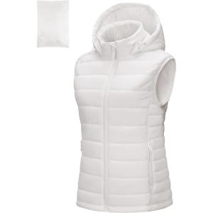 Outdoor Ventures Women’s Lightweight Packable Hooded Puffer Vest Outerwear Zip Up Warm Sleeveless Winter Jacket Quilted Coat(Cream)