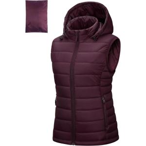 Outdoor Ventures Women’s Lightweight Packable Hooded Puffer Vest Outerwear Zip Up Warm Sleeveless Winter Jacket Quilted Coat(Eggplant)