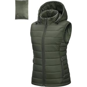 Outdoor Ventures Women’s Lightweight Packable Hooded Puffer Vest Outerwear Zip Up Warm Sleeveless Winter Jacket Quilted Coat(Green)