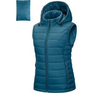 Outdoor Ventures Women’s Lightweight Packable Hooded Puffer Vest Outerwear Zip Up Warm Sleeveless Winter Jacket Quilted Coat(Modern Blue)