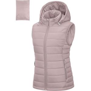 Outdoor Ventures Women’s Lightweight Packable Hooded Puffer Vest Outerwear Zip Up Warm Sleeveless Winter Jacket Quilted Coat(Pale Rosy)