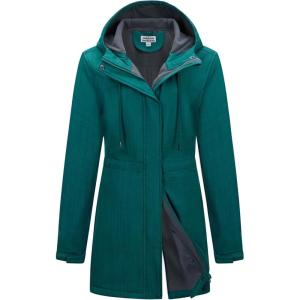 Outdoor Ventures Women’s Lightweight Waterproof Fleece Lined Hooded Softshell Rain Jacket, Warm Windbreaker Long Coat(Green Check)