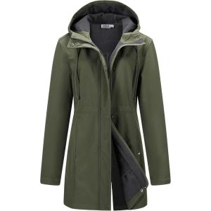 Outdoor Ventures Women’s Lightweight Waterproof Fleece Lined Hooded Softshell Rain Jacket, Warm Windbreaker Long Coat(Olive Green)