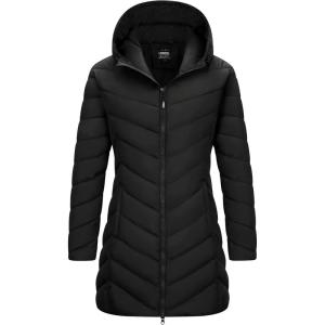 Outdoor Ventures Women’s Long Hooded Lightweight Puffer Coat Quilted Insulated Winter Jacket(Black)