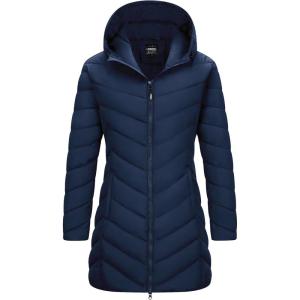 Outdoor Ventures Women’s Long Hooded Lightweight Puffer Coat Quilted Insulated Winter Jacket(Blue)