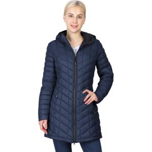 Outdoor Ventures Women’s Maryan Hooded Ultra Lightweight Warm Thermolite Long Puffer Coat(Navy(matte)-avg.32″ Mid Length)