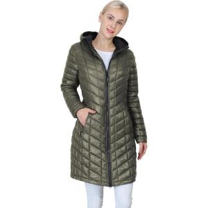 Outdoor Ventures Women’s Maryan Hooded Ultra Lightweight Warm Thermolite Long Puffer Coat(Olive(shiny)-avg.36″ Long Length)