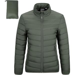 Outdoor Ventures Women’s Packable Full-Zip Short Puffer Jacket Insulated Quilted Warm Lightweight Winter Coat(Army Green(fold in Pocket))