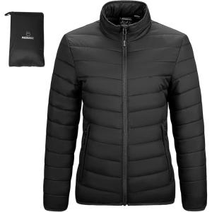 Outdoor Ventures Women’s Packable Full-Zip Short Puffer Jacket Insulated Quilted Warm Lightweight Winter Coat(Black(fold in Pocket))