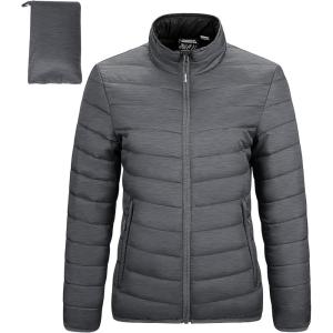 Outdoor Ventures Women’s Packable Full-Zip Short Puffer Jacket Insulated Quilted Warm Lightweight Winter Coat(Dark Grey Heather(fold in Pocket))