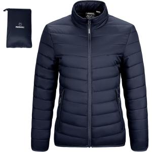 Outdoor Ventures Women’s Packable Full-Zip Short Puffer Jacket Insulated Quilted Warm Lightweight Winter Coat(Deep Blue(fold in Pocket))