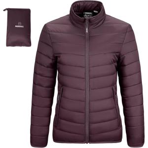 Outdoor Ventures Women’s Packable Full-Zip Short Puffer Jacket Insulated Quilted Warm Lightweight Winter Coat(Eggplant(fold in Pocket))