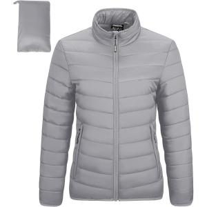 Outdoor Ventures Women’s Packable Full-Zip Short Puffer Jacket Insulated Quilted Warm Lightweight Winter Coat(Foggy Gray(fold in Pocket))