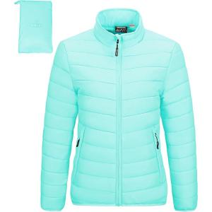 Outdoor Ventures Women’s Packable Full-Zip Short Puffer Jacket Insulated Quilted Warm Lightweight Winter Coat(Light Blue(fold in Pocket))
