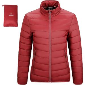 Outdoor Ventures Women’s Packable Full-Zip Short Puffer Jacket Insulated Quilted Warm Lightweight Winter Coat(Red(fold in Pocket))