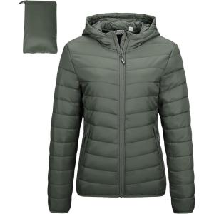 Outdoor Ventures Women’s Packable Lightweight Full-Zip Puffer Jacket with Hood Quilted Winter Coat(Army Green(fold in Pocket))