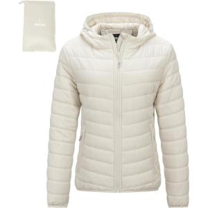 Outdoor Ventures Women’s Packable Lightweight Full-Zip Puffer Jacket with Hood Quilted Winter Coat(Beige(fold in Pocket))
