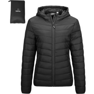 Outdoor Ventures Women’s Packable Lightweight Full-Zip Puffer Jacket with Hood Quilted Winter Coat(Black New(fold in Pocket))