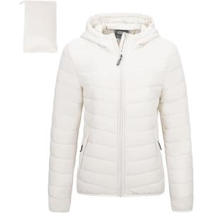 Outdoor Ventures Women’s Packable Lightweight Full-Zip Puffer Jacket with Hood Quilted Winter Coat(Cream(fold in Pocket))