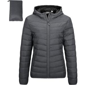 Outdoor Ventures Women’s Packable Lightweight Full-Zip Puffer Jacket with Hood Quilted Winter Coat(Dark Grey Heather(fold in Pocket))
