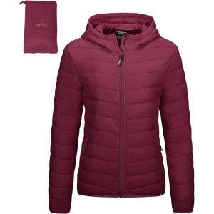 Outdoor Ventures Women’s Packable Lightweight Full-Zip Puffer Jacket with Hood Quilted Winter Coat(Dark Red(fold in Pocket))
