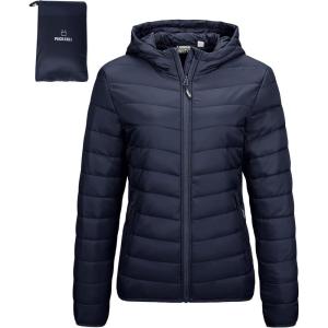 Outdoor Ventures Women’s Packable Lightweight Full-Zip Puffer Jacket with Hood Quilted Winter Coat(Deep Blue(fold in Pocket))