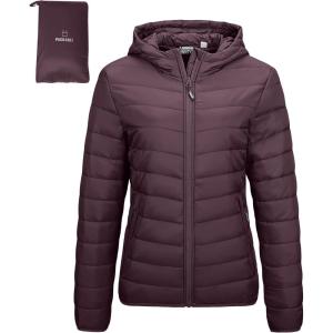 Outdoor Ventures Women’s Packable Lightweight Full-Zip Puffer Jacket with Hood Quilted Winter Coat(Eggplant(fold in Pocket))