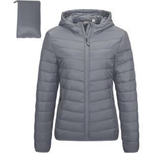Outdoor Ventures Women’s Packable Lightweight Full-Zip Puffer Jacket with Hood Quilted Winter Coat(Foggy Gray(fold in Pocket))