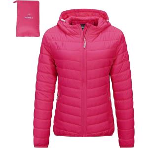 Outdoor Ventures Women’s Packable Lightweight Full-Zip Puffer Jacket with Hood Quilted Winter Coat(Hot Pink(fold in Pocket))