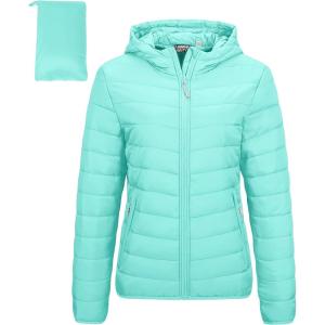 Outdoor Ventures Women’s Packable Lightweight Full-Zip Puffer Jacket with Hood Quilted Winter Coat(Light Blue(fold in Pocket))