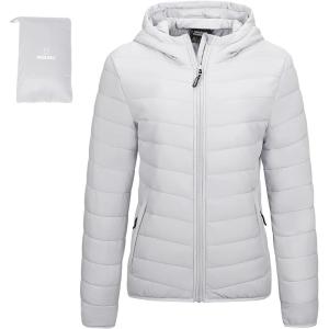 Outdoor Ventures Women’s Packable Lightweight Full-Zip Puffer Jacket with Hood Quilted Winter Coat(Light Grey(fold in Pocket))