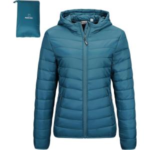 Outdoor Ventures Women’s Packable Lightweight Full-Zip Puffer Jacket with Hood Quilted Winter Coat(Modern Blue(fold in Pocket))