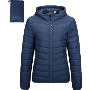 Outdoor Ventures Women’s Packable Lightweight Full-Zip Puffer Jacket with Hood Quilted Winter Coat(Navy New(fold in Pocket))