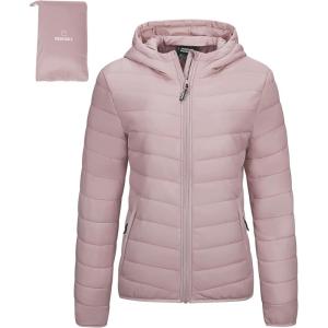 Outdoor Ventures Women’s Packable Lightweight Full-Zip Puffer Jacket with Hood Quilted Winter Coat(Pale Rosy(fold in Pocket))