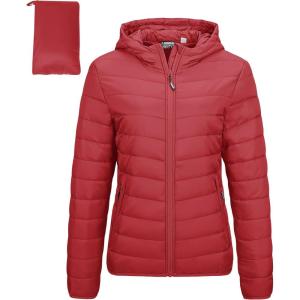 Outdoor Ventures Women’s Packable Lightweight Full-Zip Puffer Jacket with Hood Quilted Winter Coat(Red(fold in Pocket))