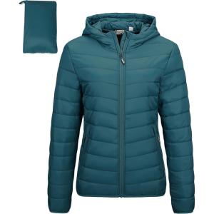 Outdoor Ventures Women’s Packable Lightweight Full-Zip Puffer Jacket with Hood Quilted Winter Coat(Teal(fold in Pocket))