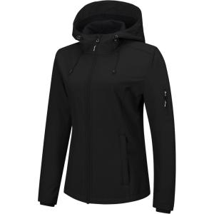 Outdoor Ventures Women’s Softshell Jacket with Hood Fleece Lined Warm Lightweight Waterproof Insulated Windbreaker(Black)