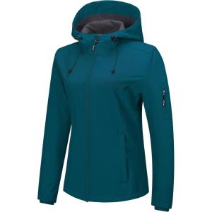 Outdoor Ventures Women’s Softshell Jacket with Hood Fleece Lined Warm Lightweight Waterproof Insulated Windbreaker(Blue)