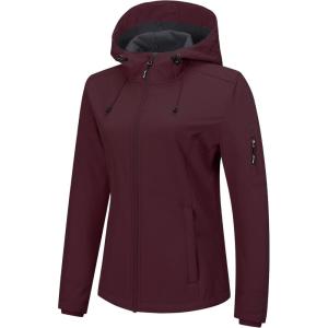 Outdoor Ventures Women’s Softshell Jacket with Hood Fleece Lined Warm Lightweight Waterproof Insulated Windbreaker(Dark Red)