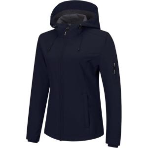 Outdoor Ventures Women’s Softshell Jacket with Hood Fleece Lined Warm Lightweight Waterproof Insulated Windbreaker(Deep Blue)